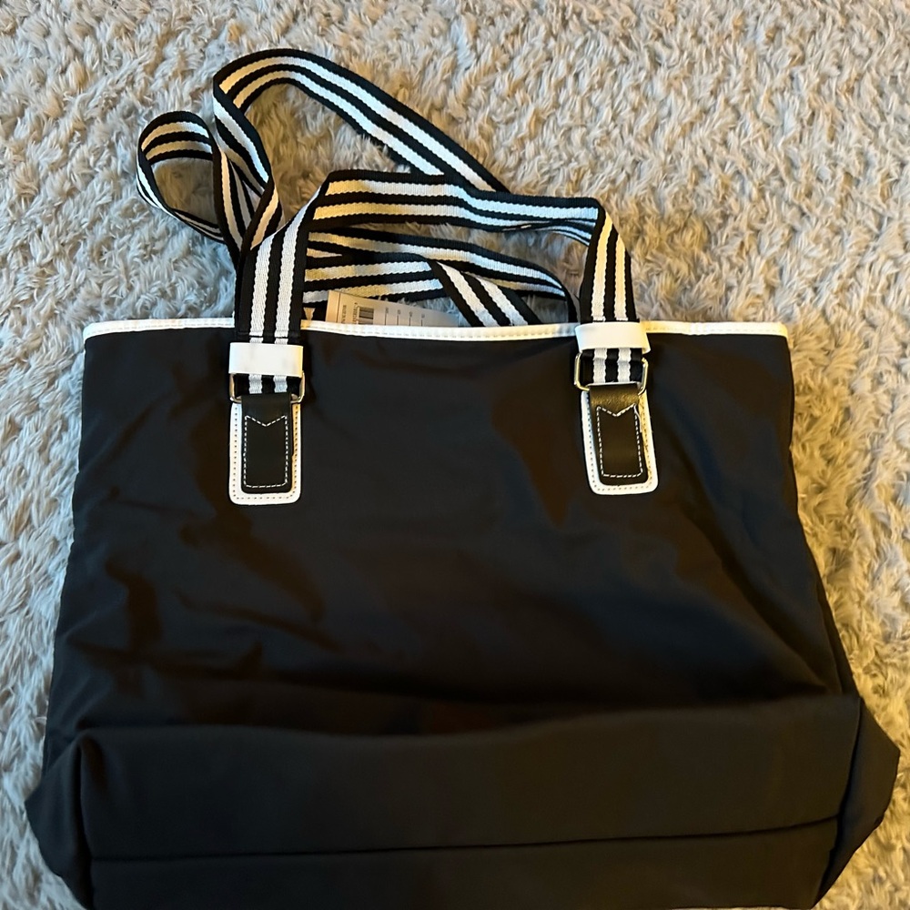 Upcycled Fashion Black Tote Bag with Striped Handles